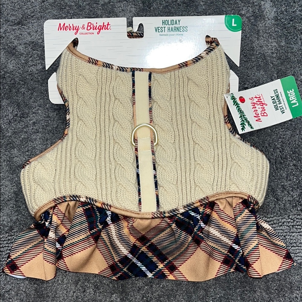 Dog Vest Harness by Merry & Bright with Cable knit & Plaid size L NWT